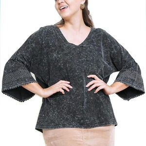 Umgee Mineral Washed Black Bell Sleeve Top